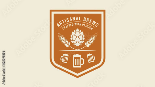 A crest-shaped illustration features the words "Artisanal Brews" and beer-related imagery on an ivory backdrop