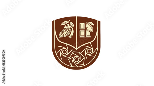 A heraldic emblem featuring cocoa pods, chocolate bar, and geometric designs, set in brown on a white background