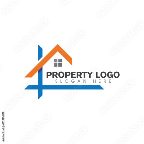 Modern Property House Logo with Orange Roof and Blue Lines