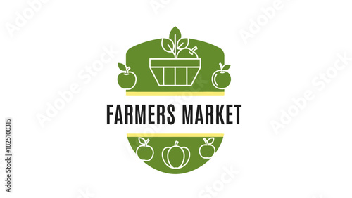 A green and white emblem of a market, featuring fruit and vegetables with text in the center