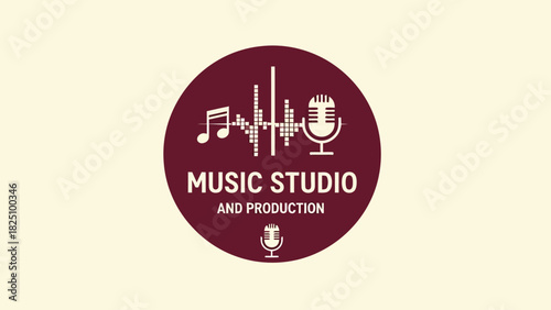 A logo design with a dark red circle, musical elements, and text "Music Studio and Production
