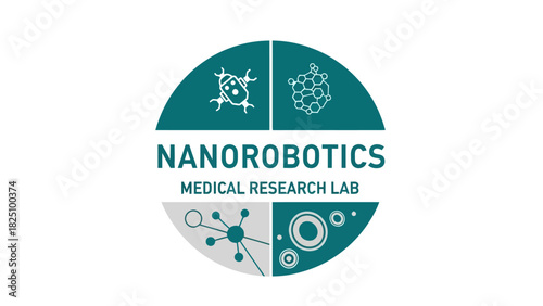 A circular logo design features segmented sections with scientific and technological elements