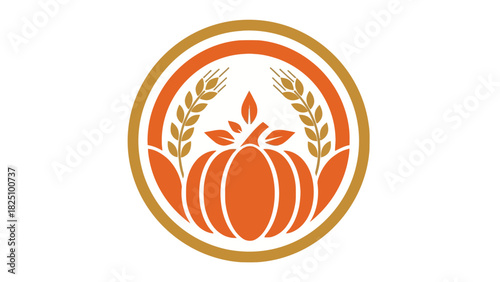 Circular emblem features a pumpkin at the center, surrounded by wheat and encircled by rings