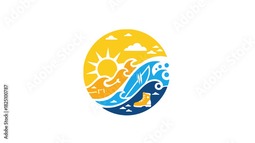 A stylized circular design featuring a sunny sky, ocean waves, surfboard, and a yellow boot