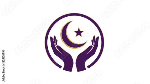 A celestial symbol within a circle, flanked by hands, a crescent and star appear, unified by design