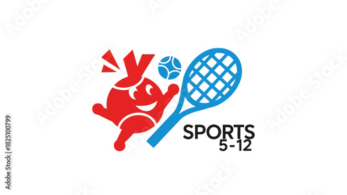 A red and white character with a tennis racket and ball with "SPORTS 5-12" text on a white background
