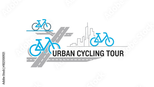 A bike tour illustration featuring bicycles, road elements, and a stylized city skyline