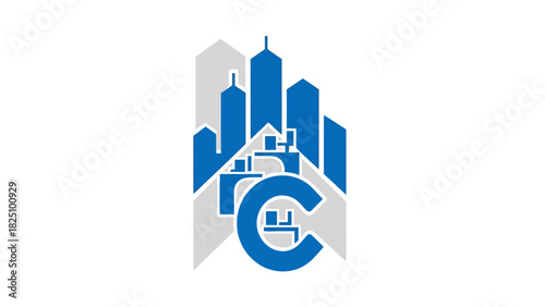A modern logo with skyscrapers in blue with grey background and large blue C-shaped design