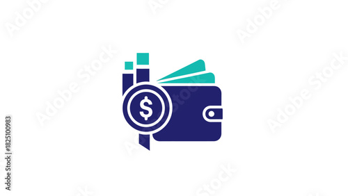Financial icon shows a wallet with cash, a coin, and bars, in shades of blue and green