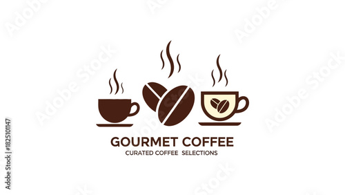 A coffee-themed illustration featuring cups, beans, and steam, with descriptive text below