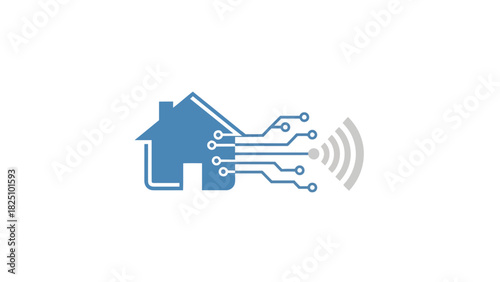 A blue house icon with circuit-like extensions on the left and a wireless symbol on the right