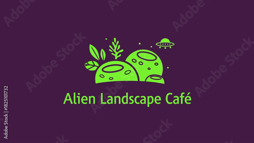 A neon-green illustration of alien terrain, spaceship, and vegetation over a dark purple background