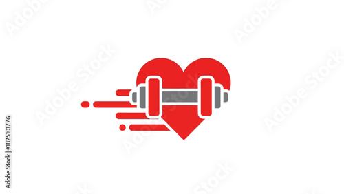 A red heart with a dumbbell in the center and speed lines, fitness symbol