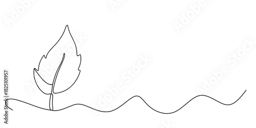 Rooted Simplicity, A continuous line drawing of a single leaf rising from a wavy terrain