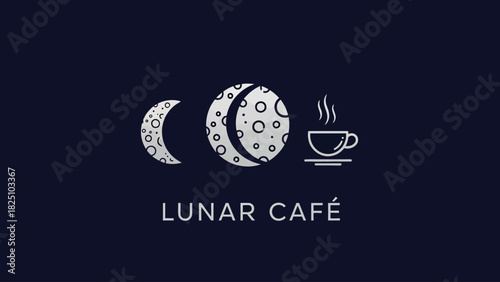 Stylized, minimalist logo featuring phases of the moon and a steaming coffee cup, with text below