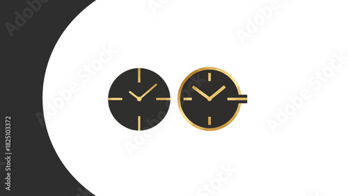 Two gold and black analog clock icons on a white background with a dark, curved element