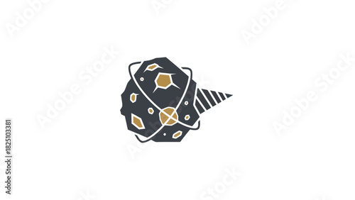 Illustration featuring a stylized asteroid with a drill bit and rings in a minimalist design