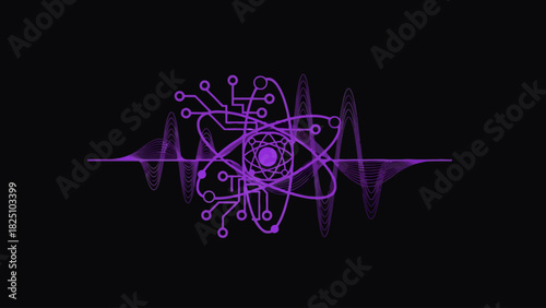 Purple illustration of atomic structure fused with circuits and wave forms against a black background