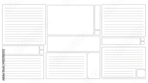 A structured, fragmented layout featuring text blocks and empty space. Simple lines and forms compose the design