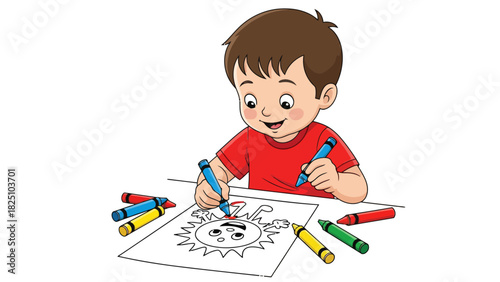 A cartoon boy with a red shirt is sitting at a desk, coloring a sun with crayons