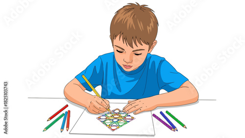 A young boy, dressed in blue, concentrates on coloring a pattern with colored pencils