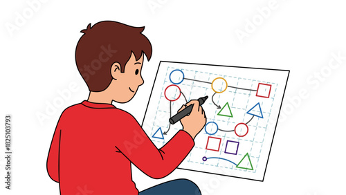 A young individual, with brown hair and a red shirt, studies a plan of connected shapes on a grid