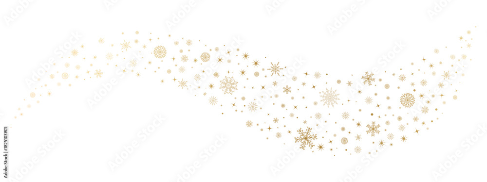 Fototapeta premium Snowflake wave border. Curved winter frame with golden snowflakes, stars and glitter dots. Elegant Christmas decorative pattern for greeting cards and festive design. Vector illustration.