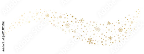 Snowflake wave border. Curved winter frame with golden snowflakes, stars and glitter dots. Elegant Christmas decorative pattern for greeting cards and festive design. Vector illustration.