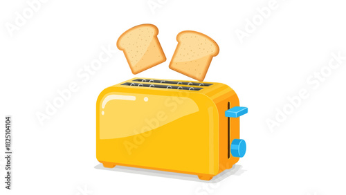 A vibrant yellow toaster with two slices of toast popping up on a bright white background
