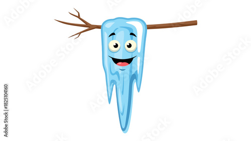 A cartoon icicle with a smiling face hangs from a brown branch against a white background