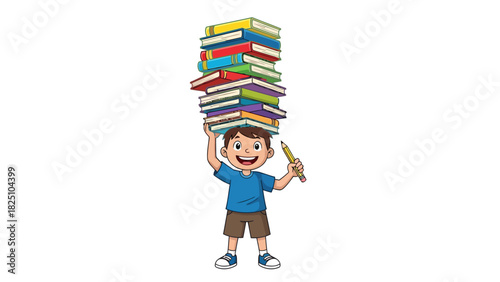 Illustration of a smiling child balancing a large stack of colorful books on their head and holding a pencil