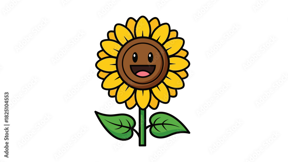 Obraz premium A cartoon sunflower illustration with a smiling face, yellow petals, and green leaves and stem