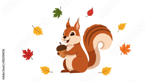 A smiling brown squirrel holds an acorn surrounded by falling autumn leaves in various colors