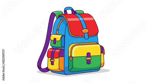 A brightly colored backpack illustration, featuring multiple pockets, straps, and a handle, on a white background