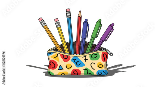 A colorful pencil case filled with pencils and pens, casting a shadow on a white background