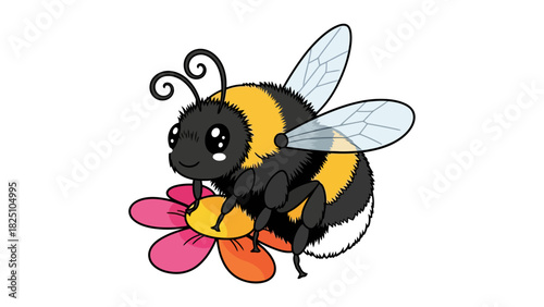 A cartoon bee with big eyes, fuzzy body, and black limbs lands on a colorful flower