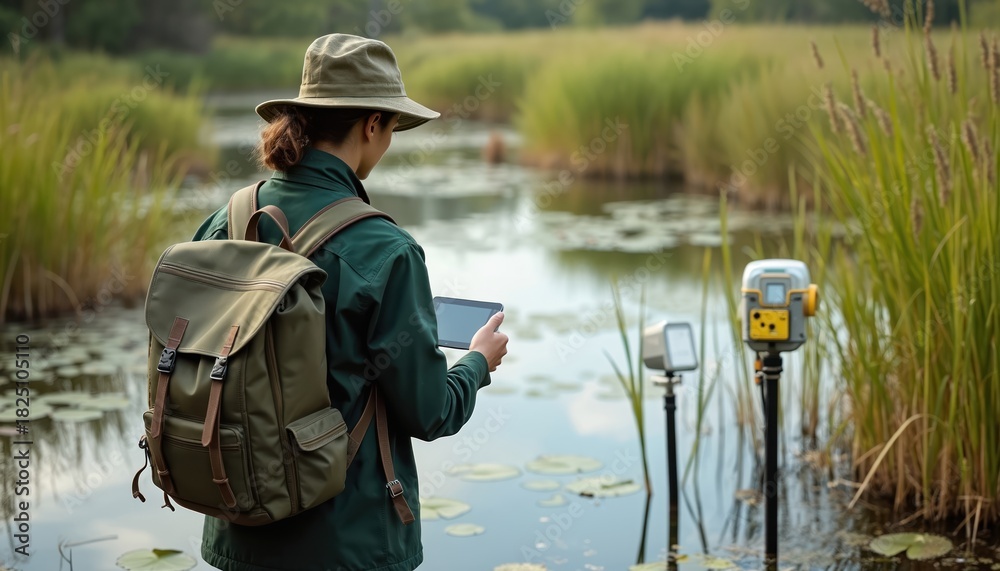 Obraz premium Environmental scientist with backpack and hat stands by wetland. They use tablet for data. Scientific monitoring equipment is in water. Researcher studies nature, water quality, and ecosystem health.