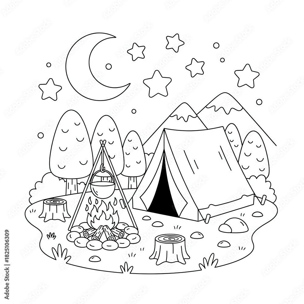 Fototapeta premium A black and white line drawing of a campsite with a tent and campfire