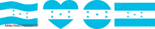 Set of Honduran flag icons in various shapes, with standard, waving, circular and heart-shaped designs, representing national pride and Central American identity