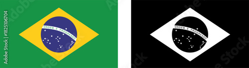 National Flag of Brazil in color and black and white versions, with a green, yellow and blue design with the motto 'Ordem e Progresso', a concept of patriotism and sovereignty