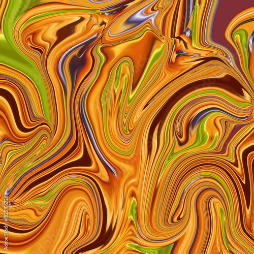 A vibrant swirling abstract artwork with flowing orange, green, and yellow tones, creating a fluid dynamic texture perfect for energetic modern backgrounds.
