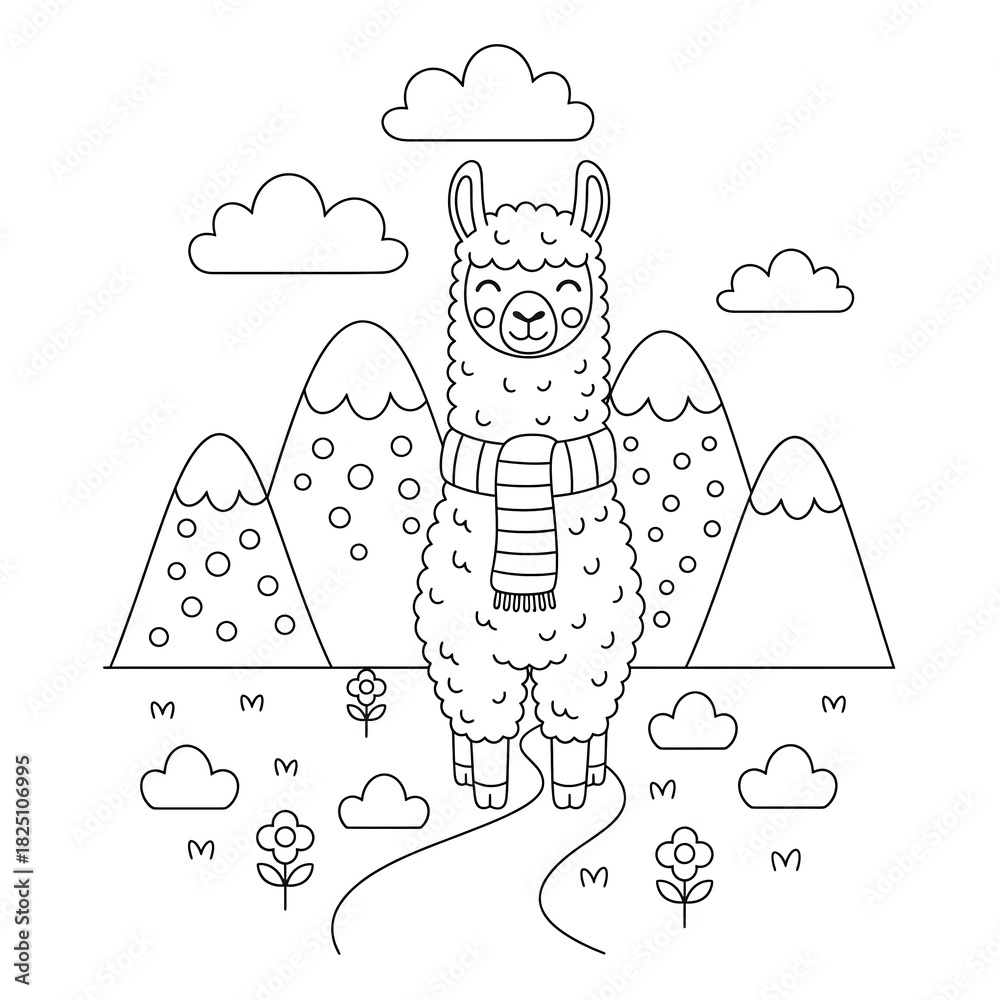 Obraz premium A cartoon llama stands on a path between mountains and clouds