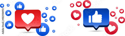 3D social media reaction bubbles, blue like emoticons and red hearts, concept of digital feedback and user engagement on online platforms