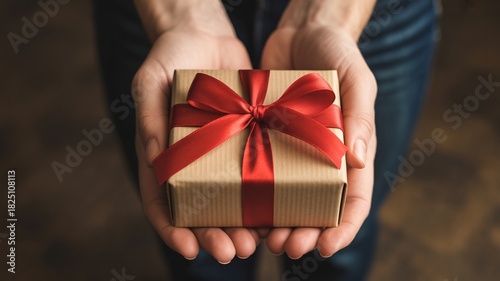 Giving a beautifully wrapped present with red ribbon conveys love and appreciation