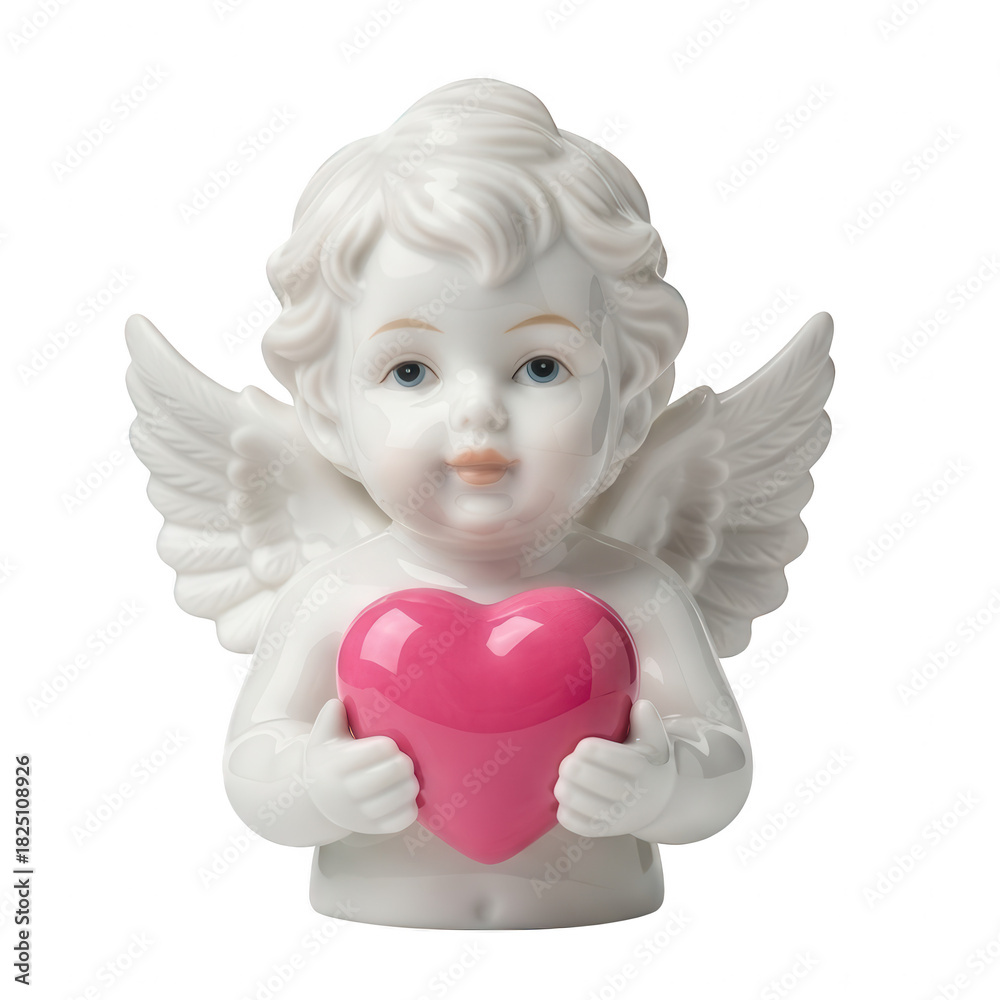 Fototapeta premium White porcelain cherub figurine tenderly cradles a glossy pink heart