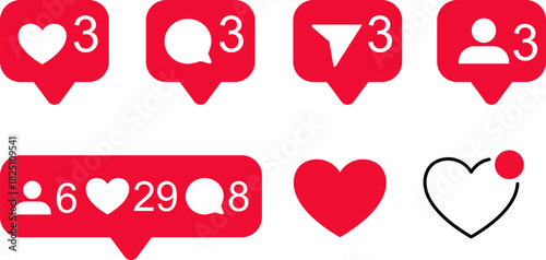 Social media notification icons and counters display hearts, comments, filters, and profiles with numbers, representing the concept of engagement, popularity, and digital activity