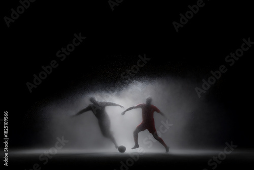 sports photography, football match climactic moment captured in dramatic freeze-frame, conveyed via professional sports editorial style