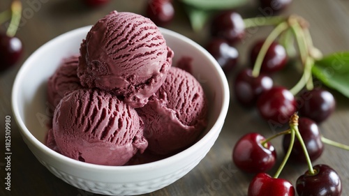 Treat yourself to delicious cherry ice cream delight with fresh cherries in a white bowl