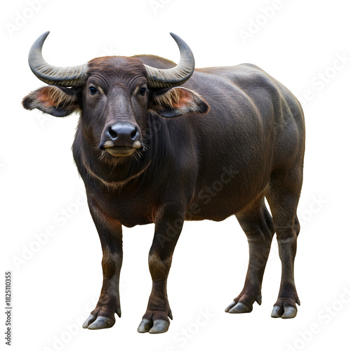A large, dark brown water buffalo standing on a white background, facing the viewer.