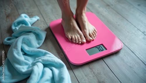 Woman stands on weight scale. Legs feet on scale. Display shows weight number. Blue towel lies nearby. Concept of dieting body image mental health problems.